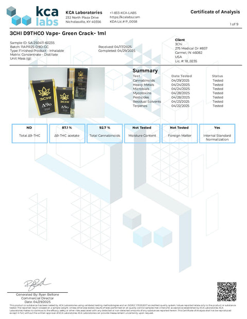 1 ML - Green Crack - Sativa - DELTA 9o THC - 3Chi