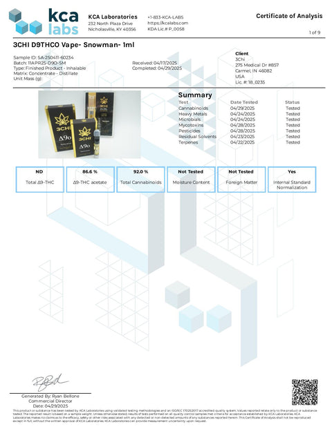 1 ML - Snowman - Sativa - DELTA 9o THC - 3Chi