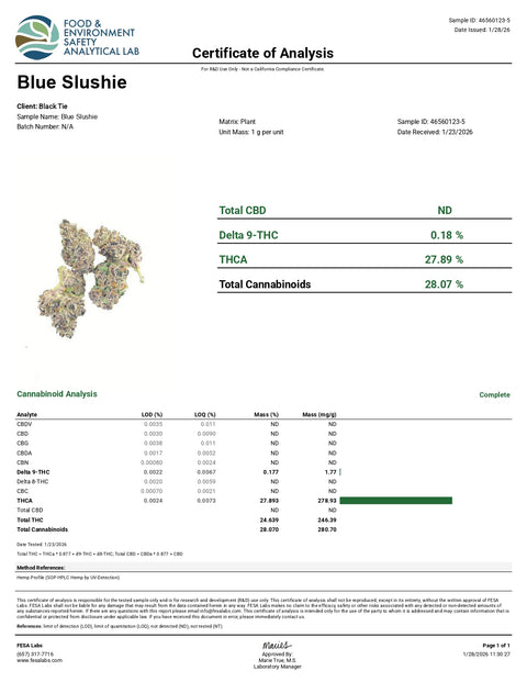 3.5 Grams - BLUE SLUSHIE - THCa Flower – Premium INDICA Hybrid - Black Tie