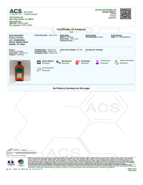 420 mg Syrup - Watermelon - SATIVA - Delta 9 THC - Enjoy