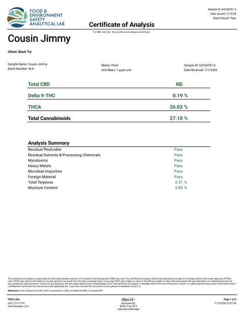 14 Grams COUSIN JIMMY - THCa Flower – (GREENHOUSE) BALANCED HYBRID - Black Tie