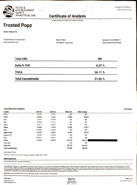 1 Gram FROSTED POPZ - THCa Flower – (LIGHT DEP) SATIVA / HYBRID - Black Tie