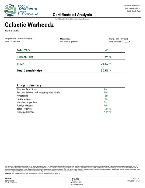 3.5 Grams GALATIC WARHEADZ - THCa Flower – (PREMIUM EXOTIC) BALANCED HYBRID - Black Tie