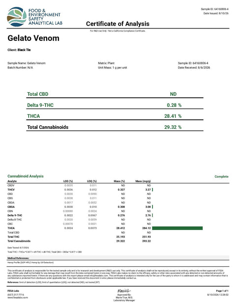 14 Grams GELATO VENOM - 28.4% THCa Flower – (GREENHOUSE) HYBRID - Black Tie